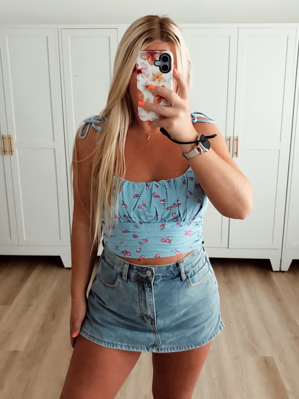 Blue and pink floral tie strap crop tank top